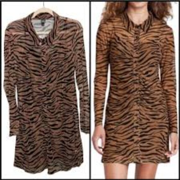 Wild Fable Animal Zebra Print Sheer Shirt Dress Mini Button Front Ruched XXL - Picture 2 of 14